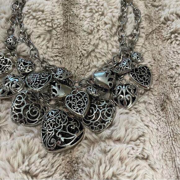 Boutique Silver Heart Locket Clusters Statement Necklace - Picture 2 of 4